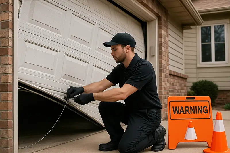  Garage door technician fixing broken cables and ensuring safety at a residential home in Boulder CO