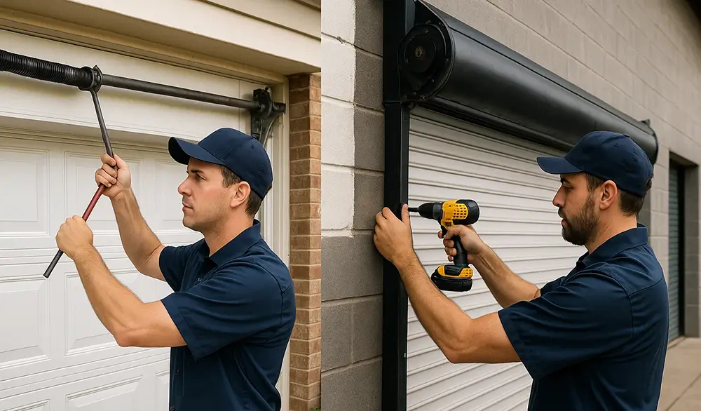 Technicians repairing residential and commercial garage doors across Boulder CO