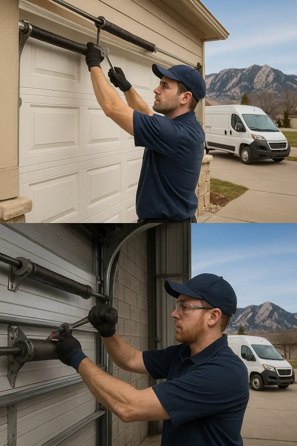 Technicians repairing residential and commercial garage doors in Boulder CO using professional tools
