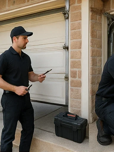 Expert technician performing urgent garage door repair at residential home