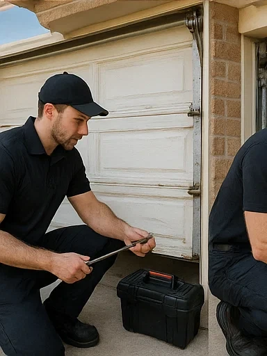 Garage technician examining broken spring during urgent repair