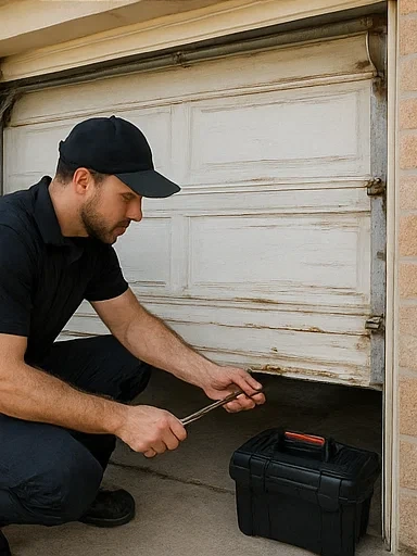 Technician completing urgent garage door maintenance