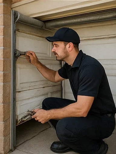 Specialist servicing malfunctioning garage door in urgent response