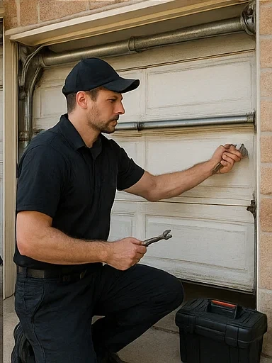 Emergency garage door technician repairing track system