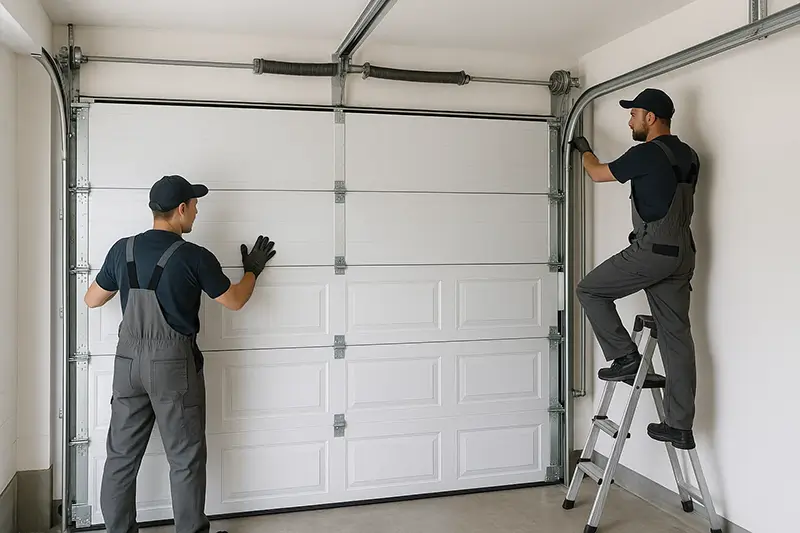 Technicians replacing a sectional garage door in a clean residential garage with organized tools and aligned tracks