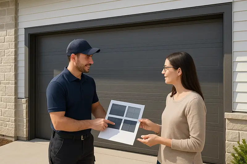 Technician and homeowner reviewing garage door design options beside a modern insulated steel roll-up door