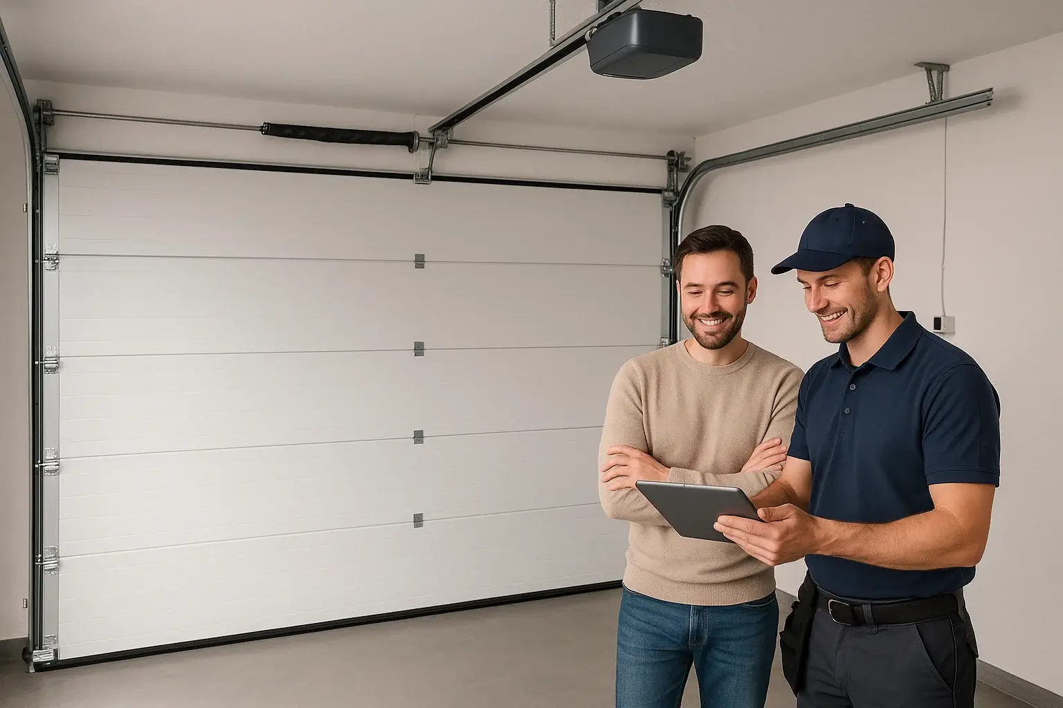   Homeowner and technician reviewing final details after installing a modern garage door upgrade