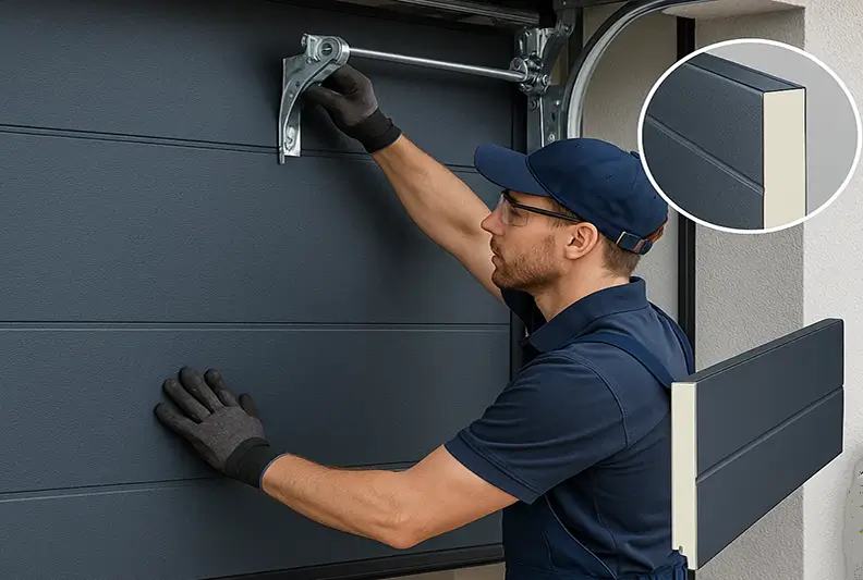 Technician installing a modern, insulated garage door with smart features and enhanced curb appeal