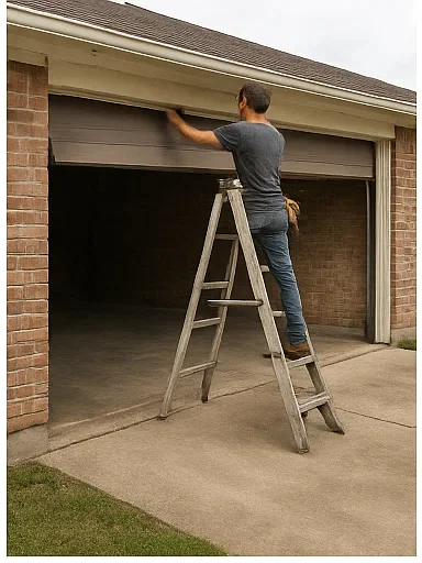 Technician replacing broken torsion spring on residential garage door