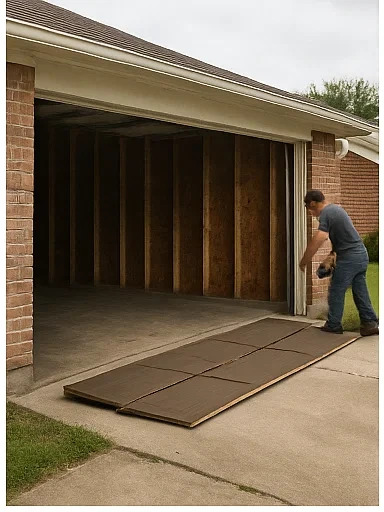 Garage door spring repair in progress with hardware adjustment
