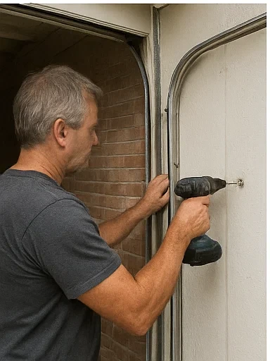 Garage door technician inspecting spring damage