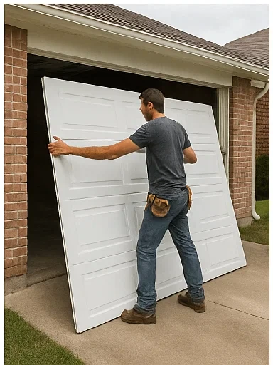 Garage door technician testing tension of new torsion spring