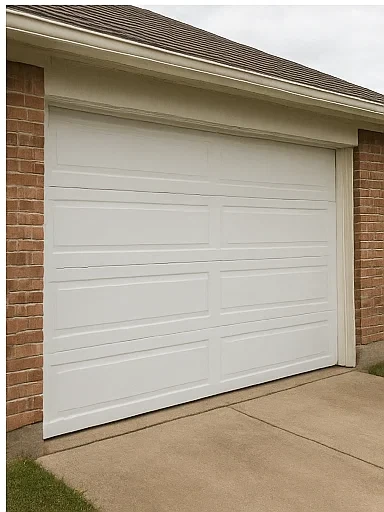 Garage door spring repair technician working on ceiling-mounted assembly