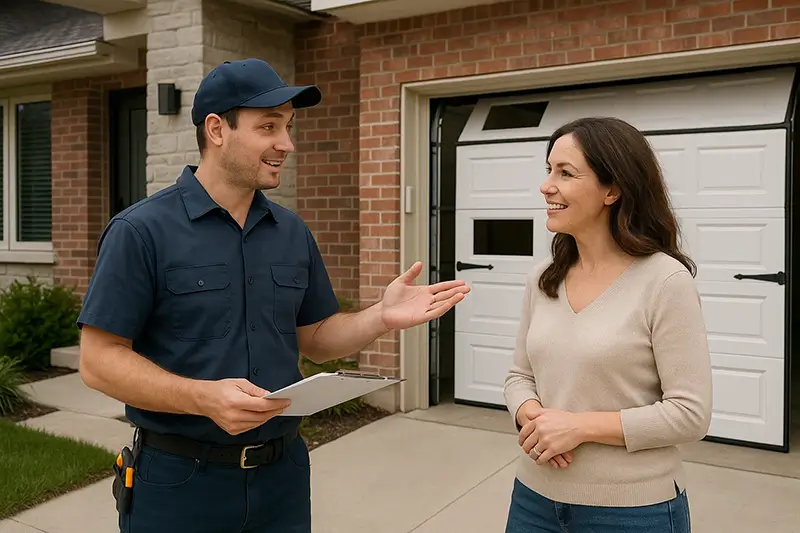 Technician discussing garage door replacement options with a homeowner during a smooth installation process