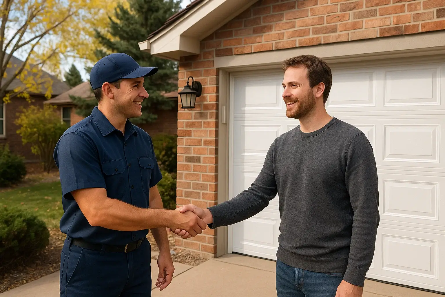 Technician shaking hands with a satisfied homeowner in front of a newly installed garage door in Boulder CO