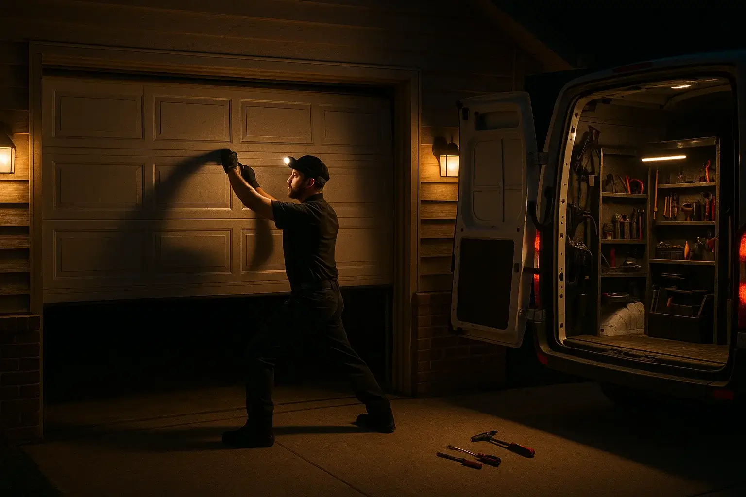 Technician performing emergency nighttime repair on residential garage door in Boulder