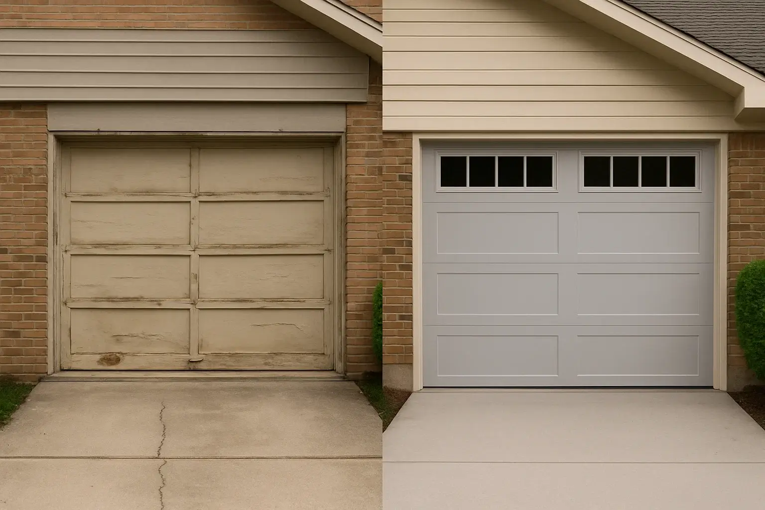 Before and after comparison of old versus newly installed residential garage door