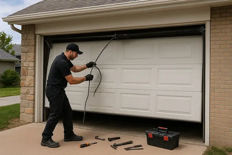  Technician repairing common garage door issues like broken spring or misaligned sensors