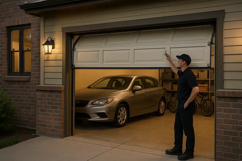 Technician inspecting residential sectional garage door protecting home and contents