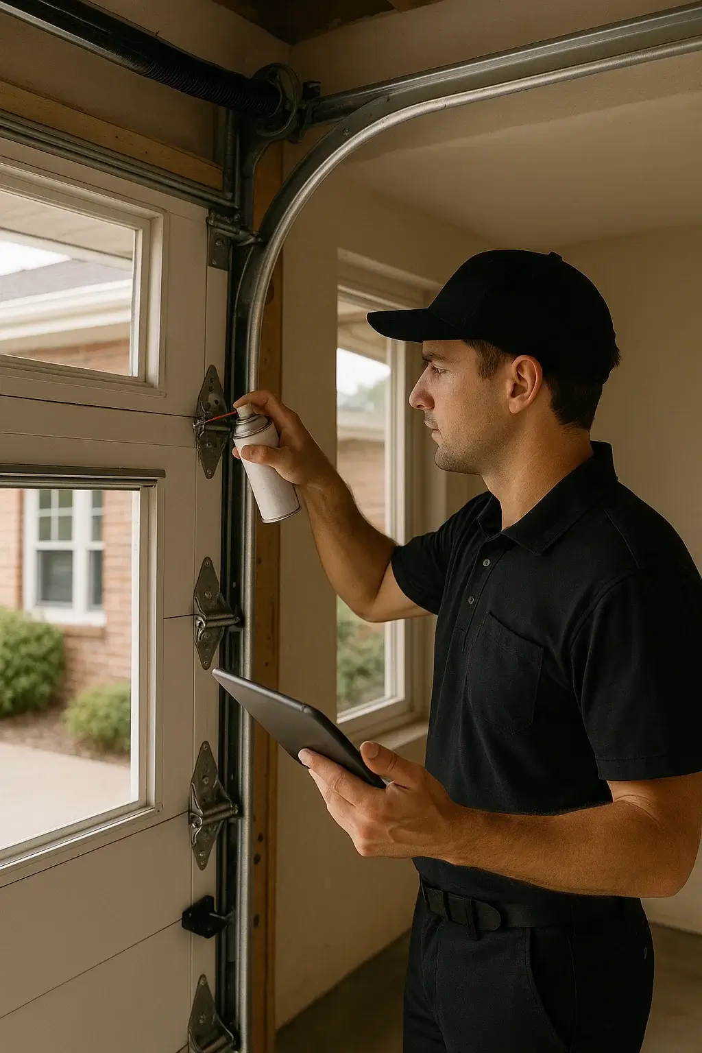 Technician performing routine maintenance on residential garage door with tools and checklist