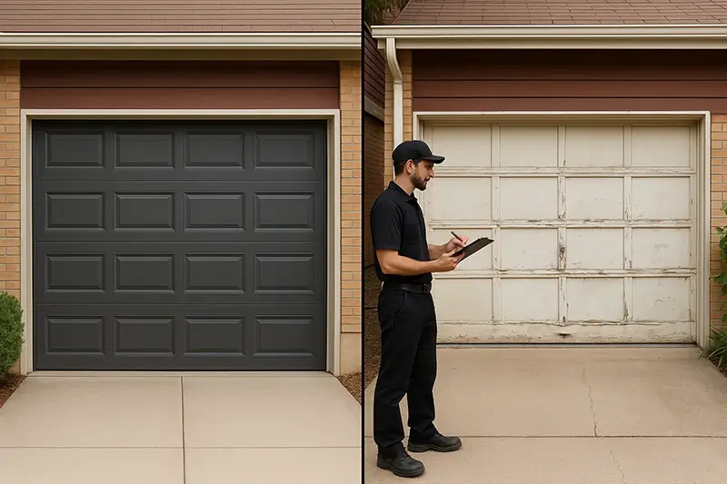 Technician evaluating whether old residential garage door needs repair or replacement