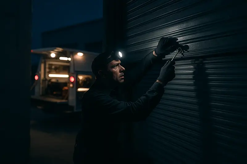 Technician performing emergency nighttime repair on stuck roll-up garage door