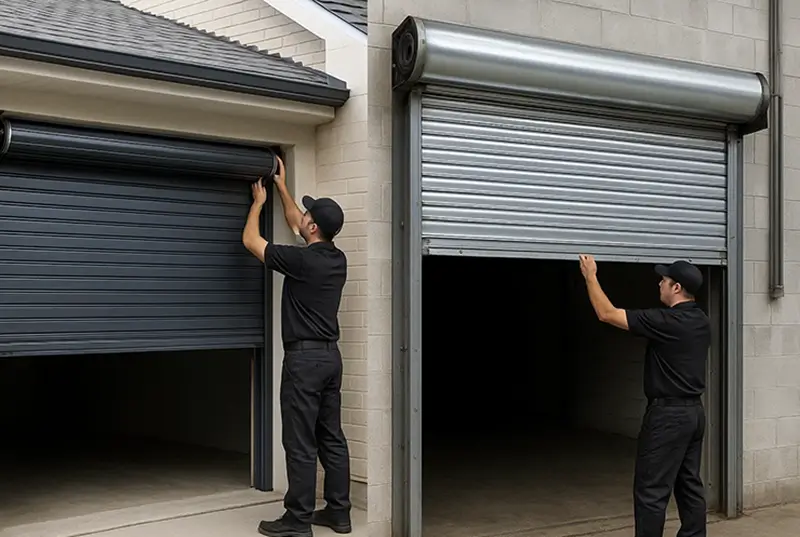  Residential and commercial roll-up garage doors side-by-side showing size and design differences
