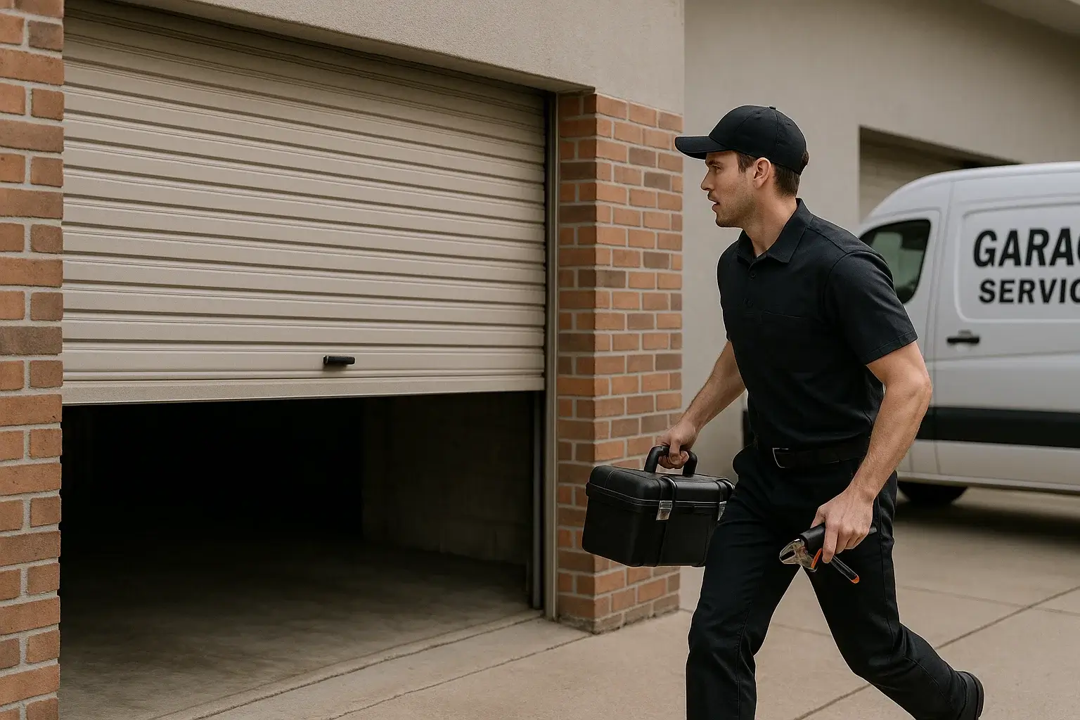 Technician arriving to repair stuck roll-up garage door with service van nearby