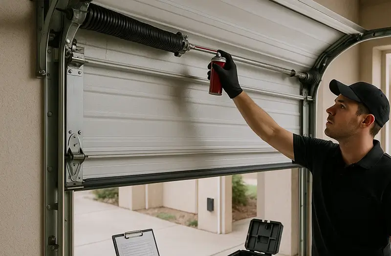 Technician performing routine maintenance on roll-up garage door with tools and checklist