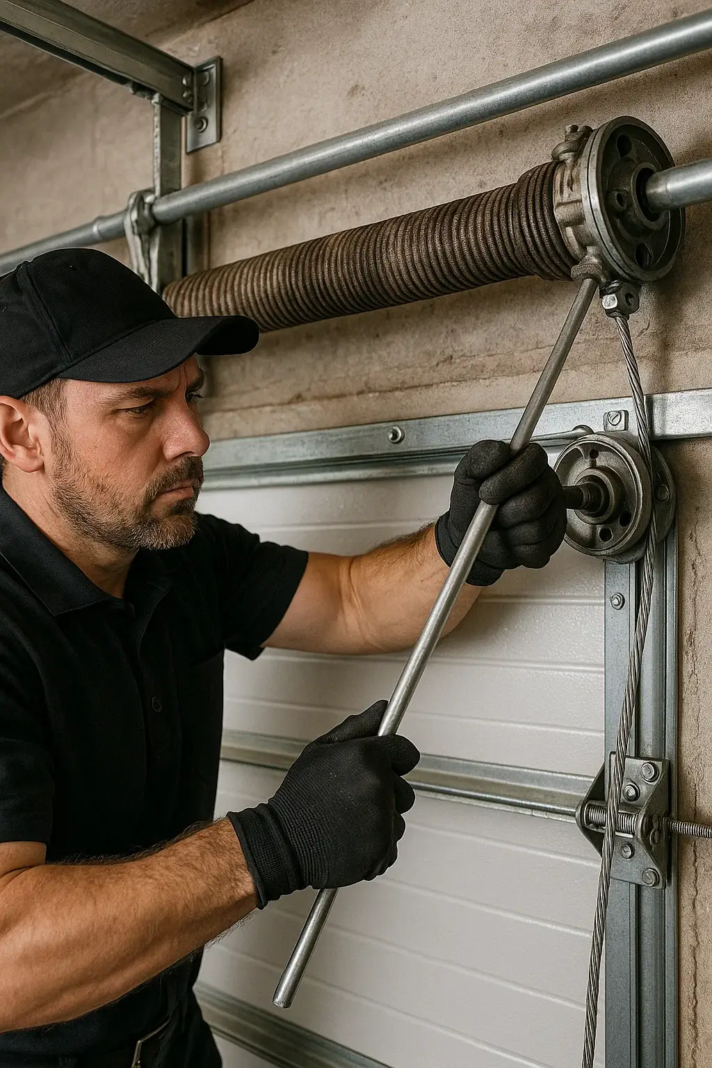 Technician replacing worn torsion spring on roll-up garage door system