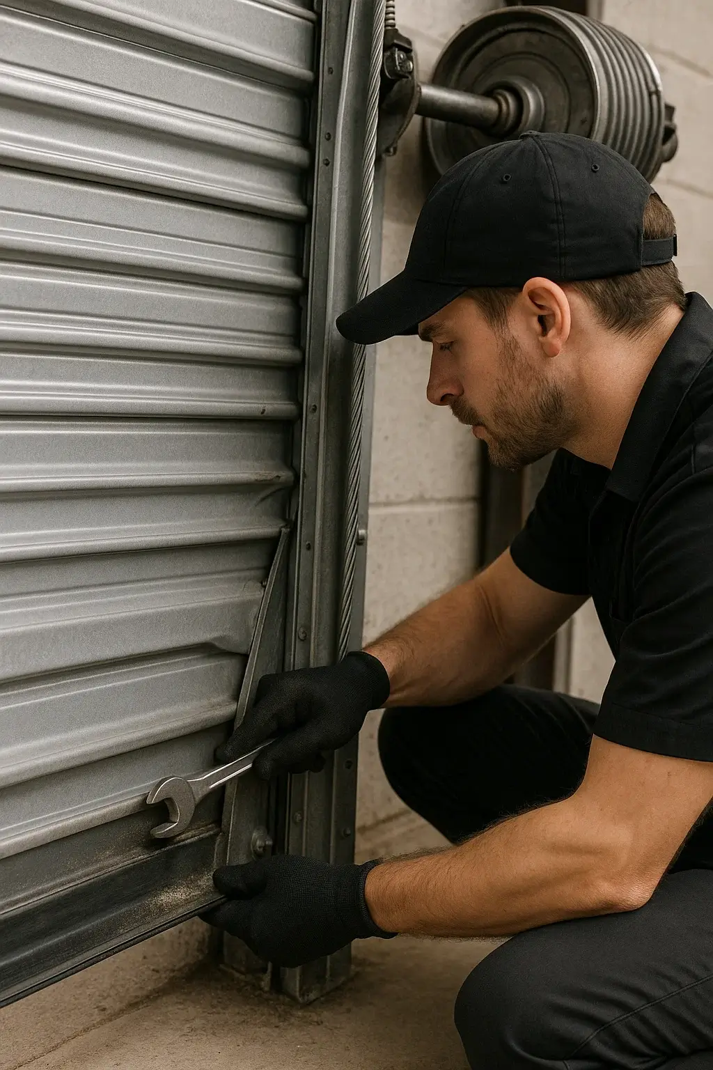 Technician repairing misaligned track on roll-up garage door with visible hardware