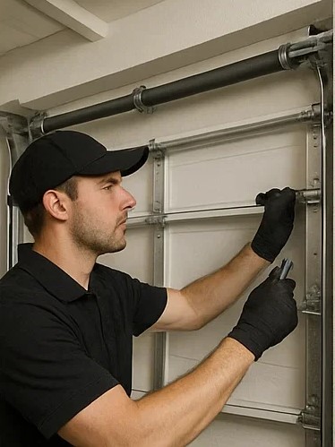 Technician adjusting coil spring on roll up garage door