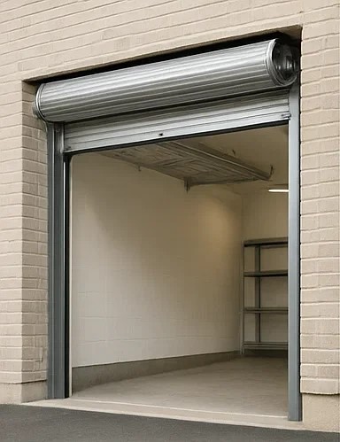 Technician repairing commercial roll up garage door