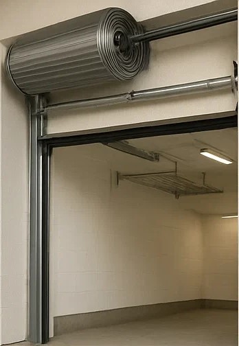 Technician inspecting roll up garage door spring system