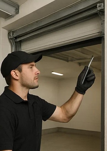 Roll up garage door technician replacing side tracks