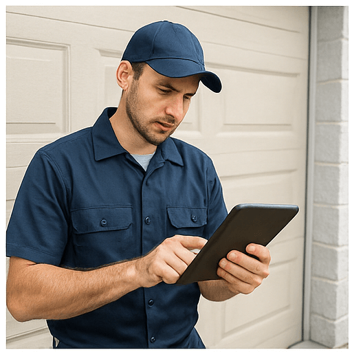Technician providing emergency garage door service at residential property