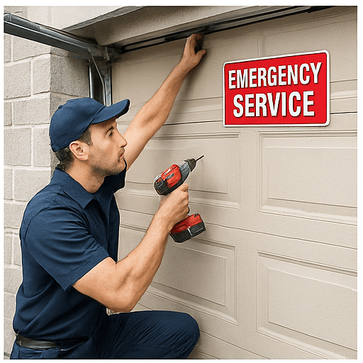 Garage door technician working during an urgent service call