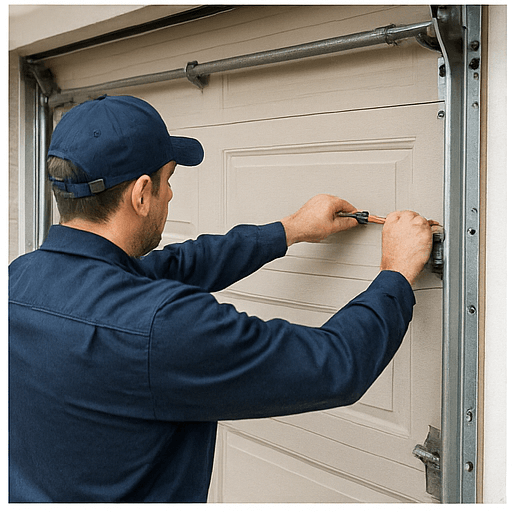 Emergency garage door repair with technician adjusting hardware