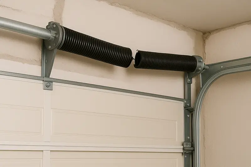 Close-up of a broken torsion spring with visible gap on a beige sectional garage door