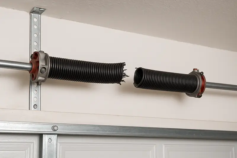 Close-up of a broken garage door torsion spring separated at the center, mounted on steel shaft
