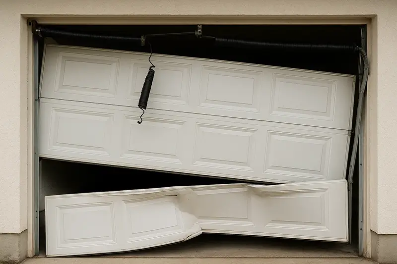 Garage door showing multiple failures including broken spring, frayed cable, bent track, and safety warning labels