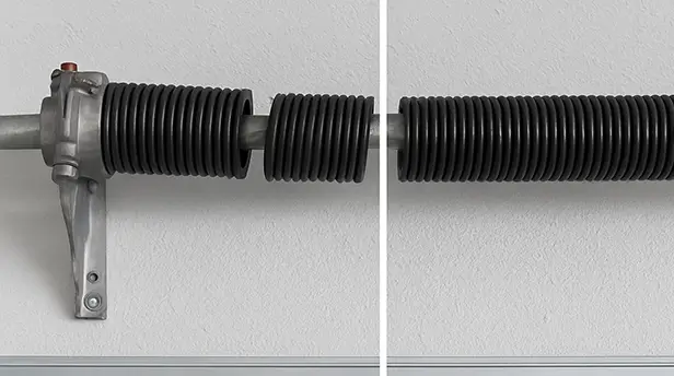Side-by-side comparison of a broken and a newly installed garage door torsion spring