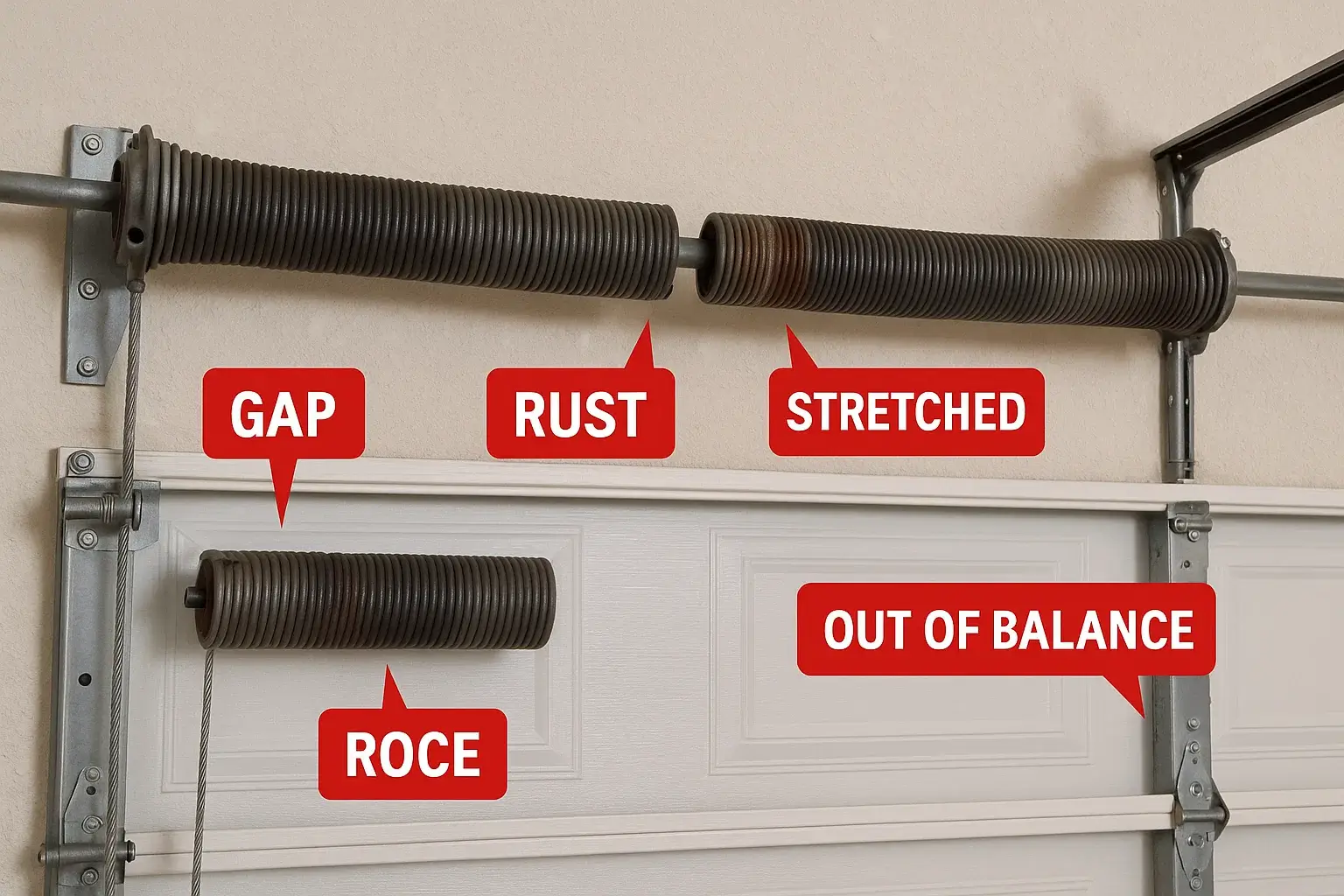 Collage showing garage door spring issues including a broken torsion spring, misaligned door, visible coil gap, and closed door with uneven panels